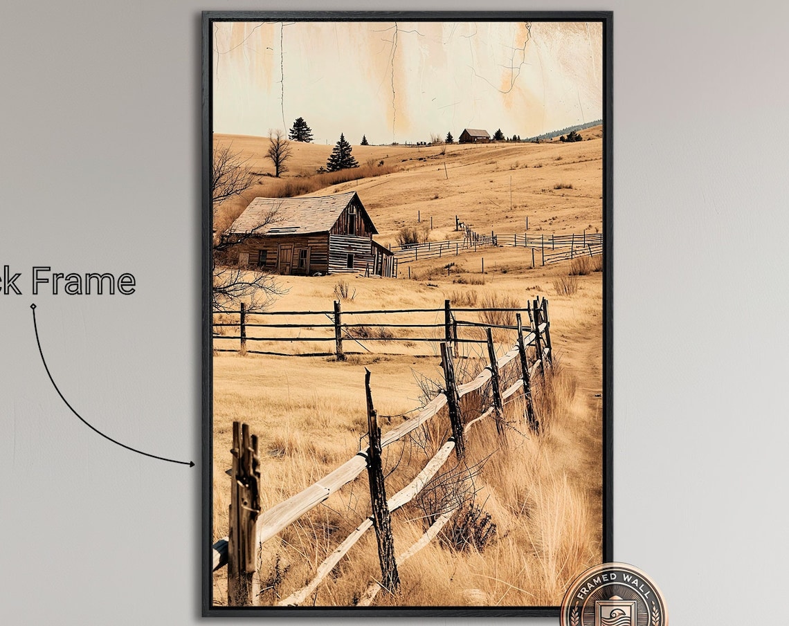 Rustic Old Barn Fences Golden Hills Vintage Sepia Photo Art Poster