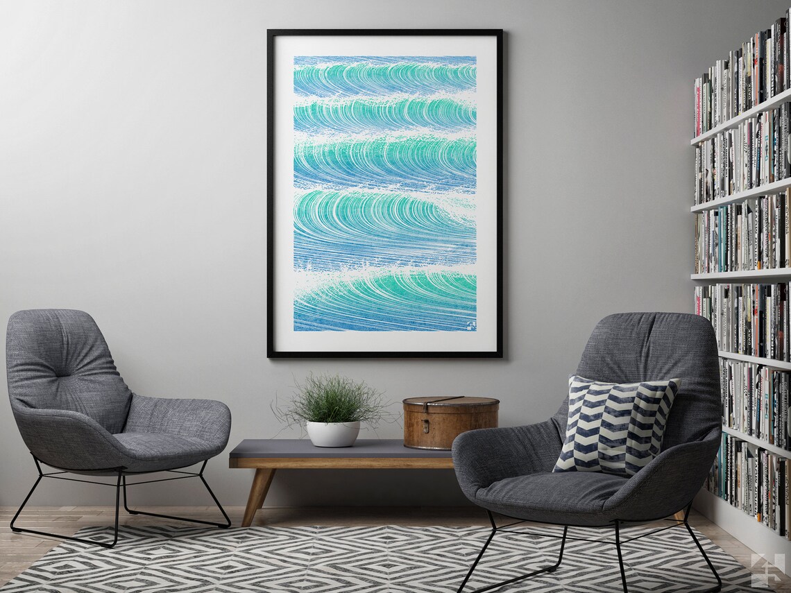 Minimalist Green Waves, Abstract Seascape Art Print - Image 2