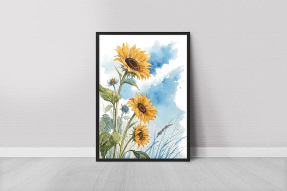 Sunflower Watercolor Painting Floral Art Print Flowers Poster Botanical Wall