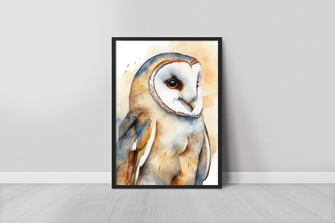 Barn Owl Watercolor Painting Close Portrait Wildlife Bird Art Poster