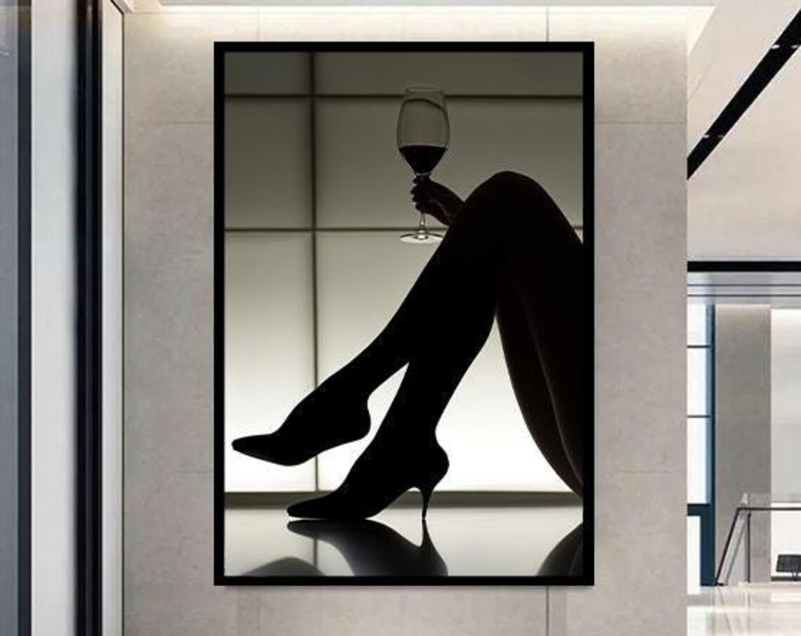 Sultry Black Silhouette with Wine Glass and Heels Decor Art Poster