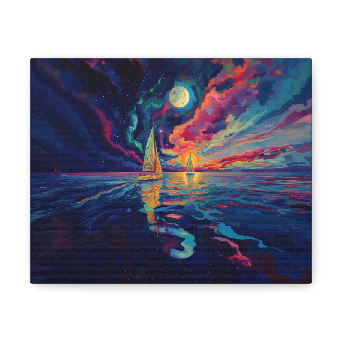 Moonlit Sailboats on Neon Ocean Under Psychedelic Sky Art Print - Image 3