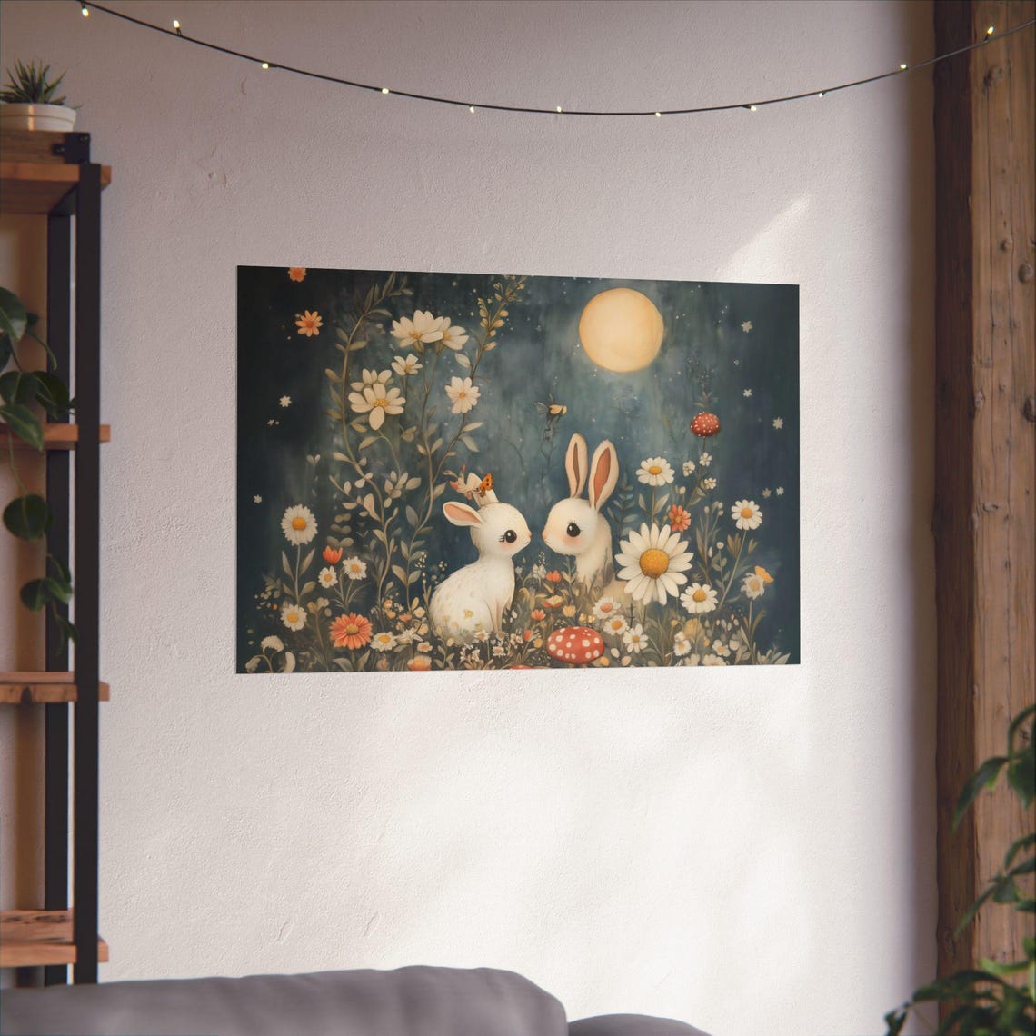 Two White Bunnies Full Moon Daisy Meadow Fantasy Night Poster - Image 2