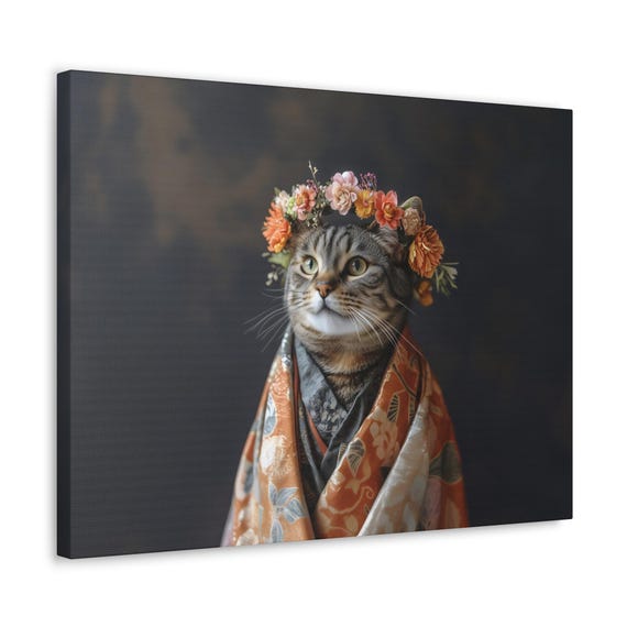 Maximalist Eclectic Tabby Fashionista Print Bold Altered Animal Portrait Fantasy Fun Colorful Flowery Rustic Vintage Floral Art