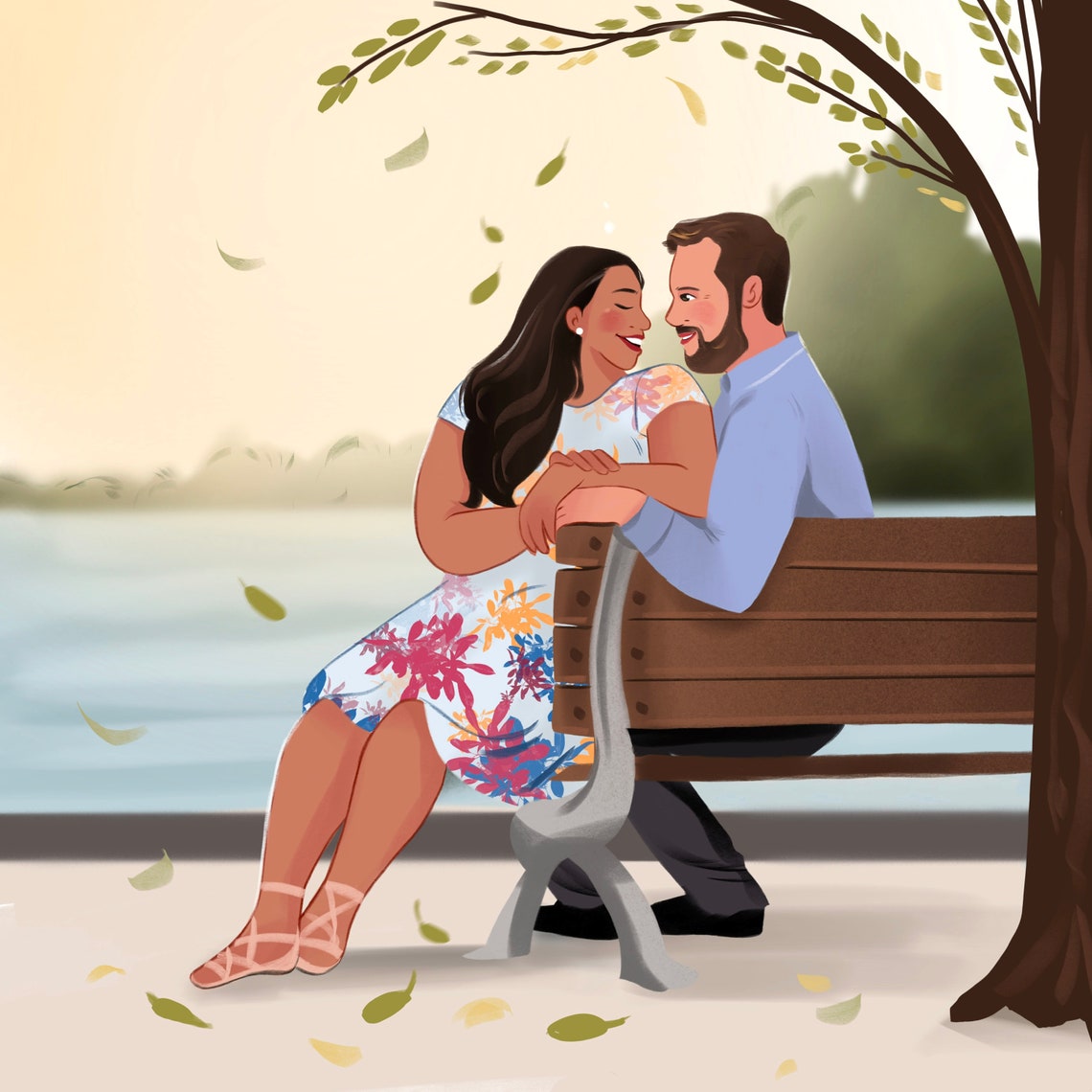 Romantic Couple On Lakeside Park Bench Custom Illustration Poster