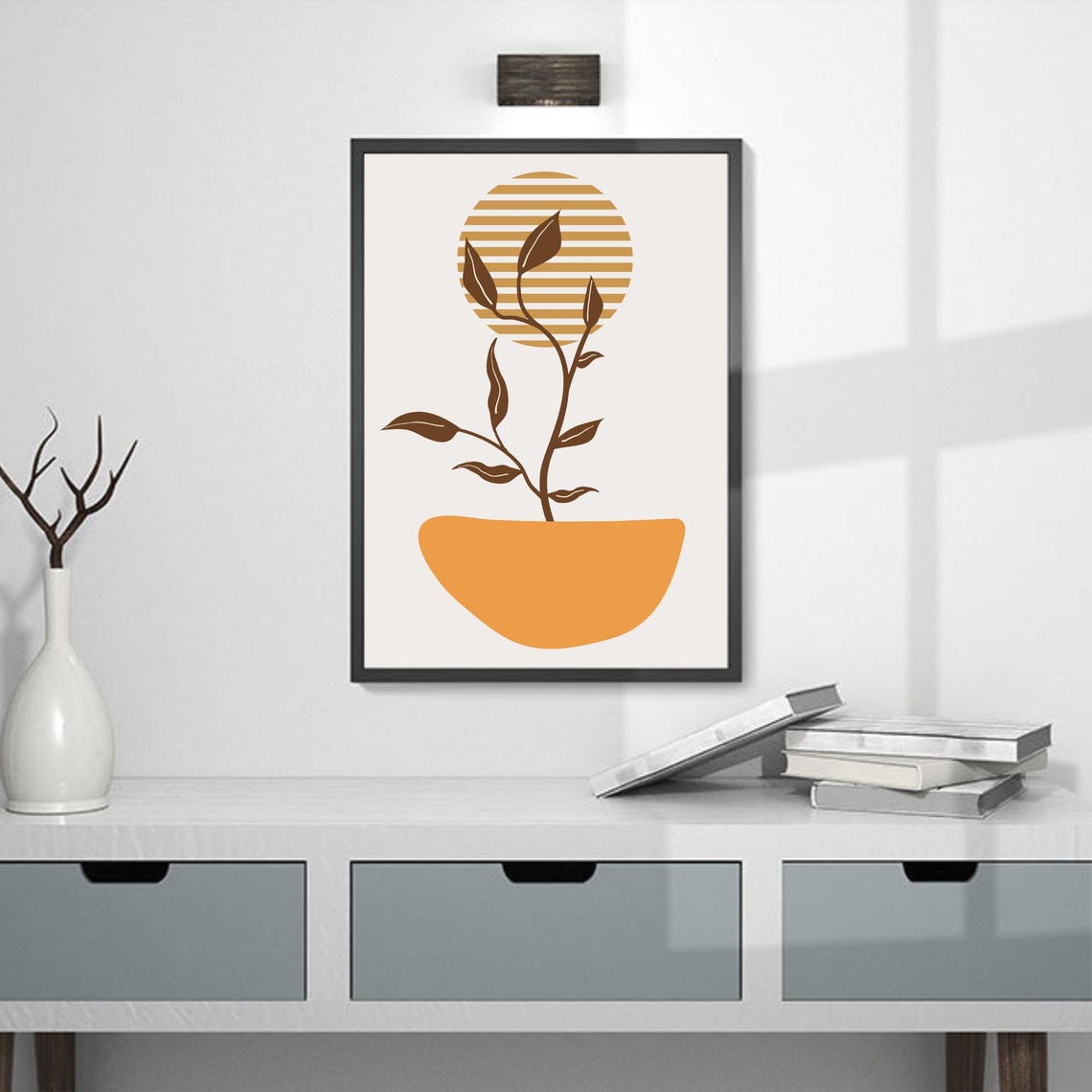 Minimalist Potted Plant Mustard Striped Sun Boho Line Art Poster