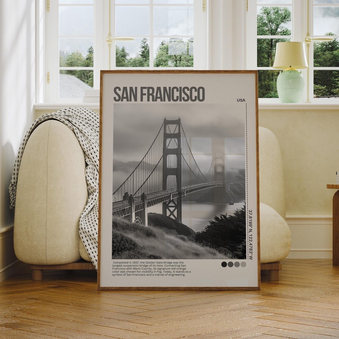 San Francisco Golden Gate Bridge Fog Black White Photo Poster