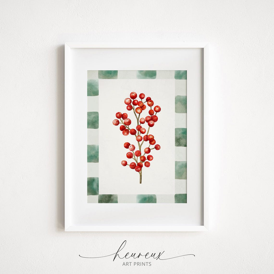 Red Berry Sprig Checkered Border Watercolor Poster Christmas Botanical
