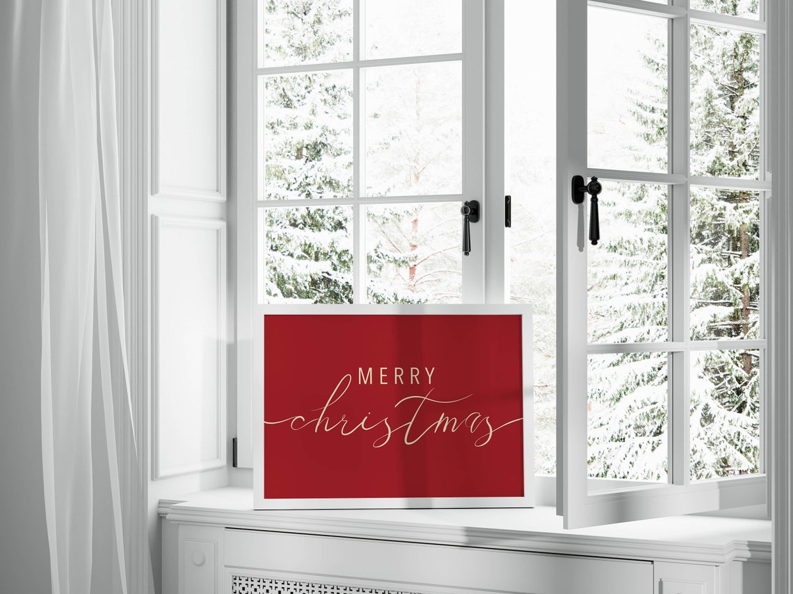 Red Merry Christmas Script Typography Poster Holiday Window Sign Decor