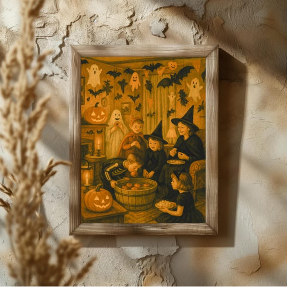 Vintage Halloween Family Game Night Art Retro Pumpkin Witch Party Print Autumn Harvest Fall Home Decor Spooky Seasonal Wall