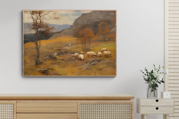Sheep In Landscape Print Vintage Sheep Painting Sheep Mountainside Painting Moody Rustic Artwork Farmhouse Decor French Cottage Decor