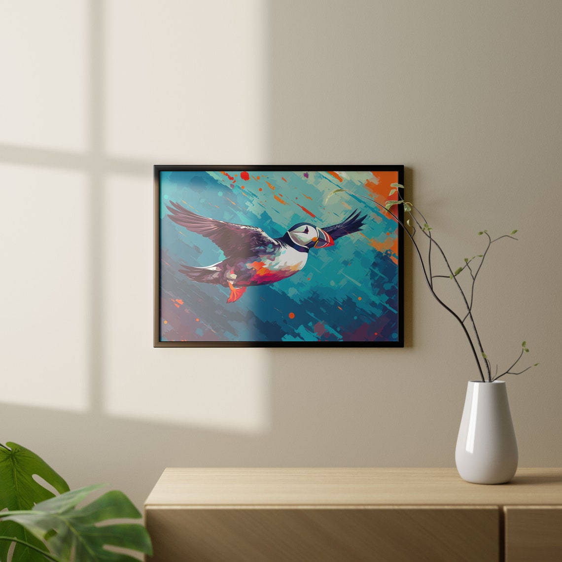 Atlantic Puffin In Flight Poster Turquoise Abstract Ocean Bird Art - Image 2