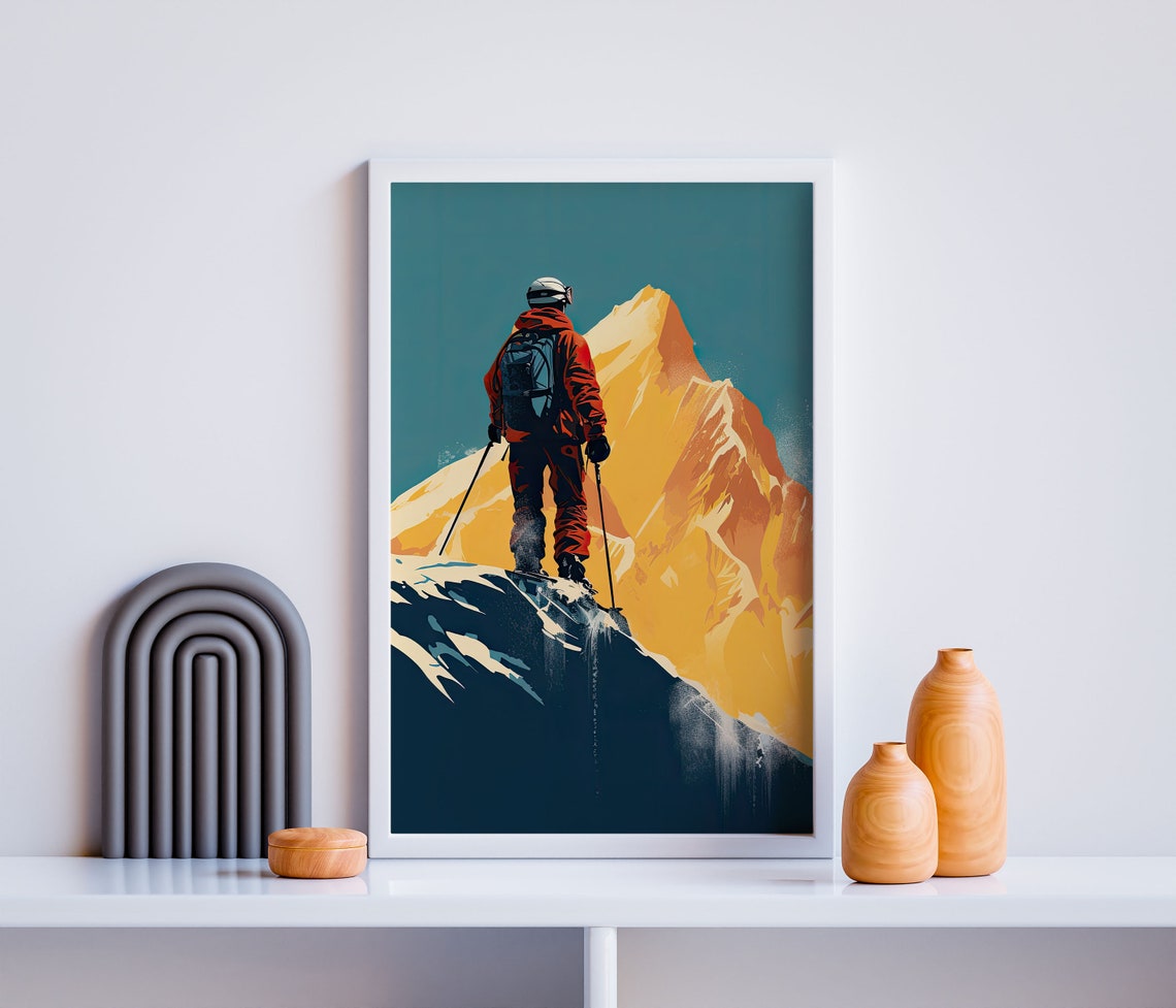 Golden Summit Skier At Snowy Peak Retro Alpine Sports Poster - Image 2