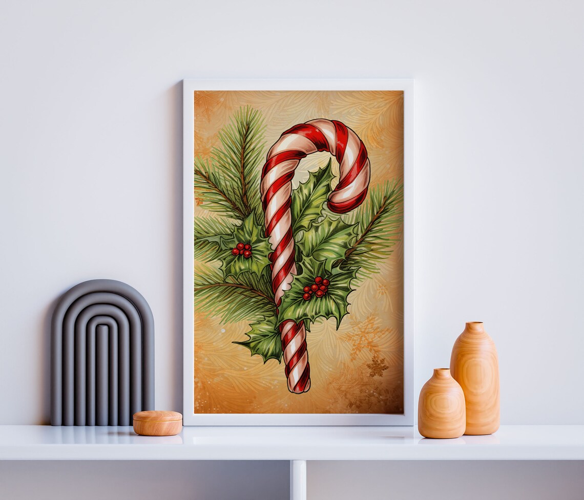 Vintage Candy Cane With Holly Berries Golden Christmas Nostalgic Wall Art - Image 2