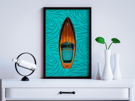 Classic Wooden Motorboat Turquoise Retro Luxury Nautical Wall Art