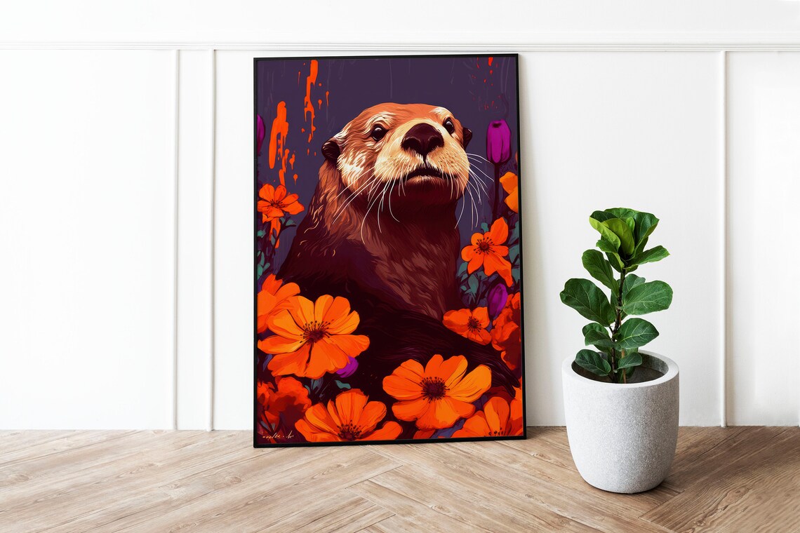 Sea Otter Portrait Among Orange Blossoms Wildlife Art Poster - Image 2