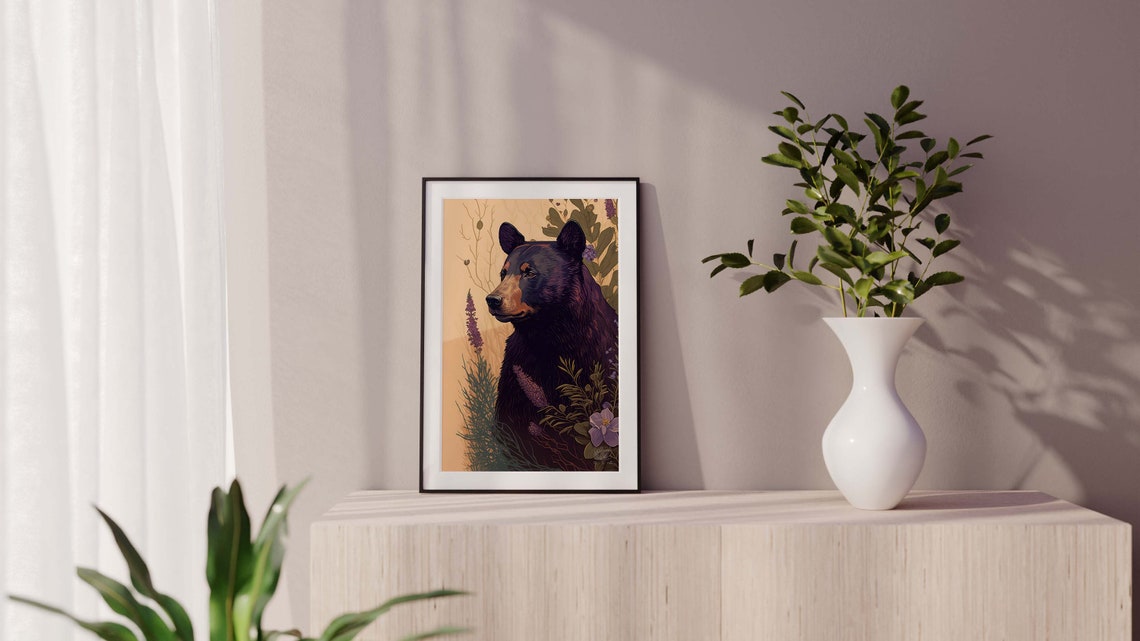 Black Bear Standing Among Lavender Wildflowers Cabin Art Poster - Image 2