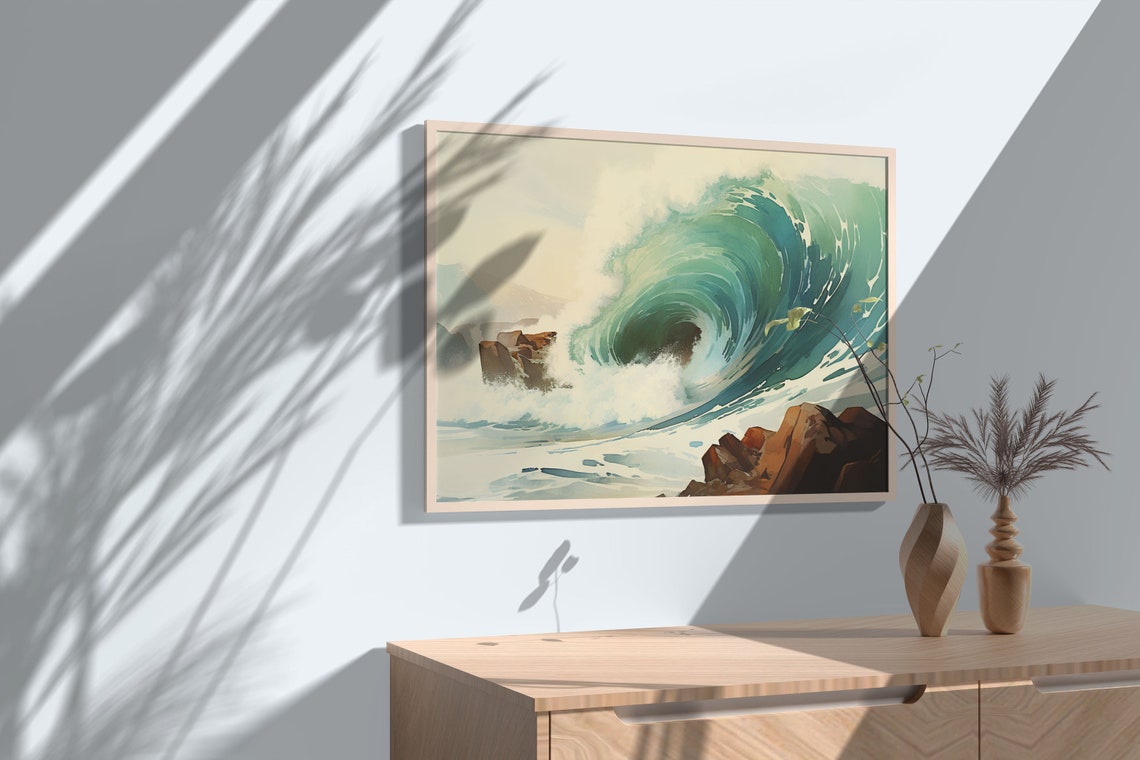 Powerful Emerald Ocean Wave Curling Over Rocks Watercolor Poster - Image 3
