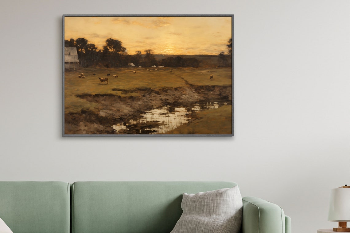 Vintage Moody River Landscape Dark Scenery Oil Painting Rustic Farmhouse Print European Farmhouse Scene Moody Pastoral Art - Image 2