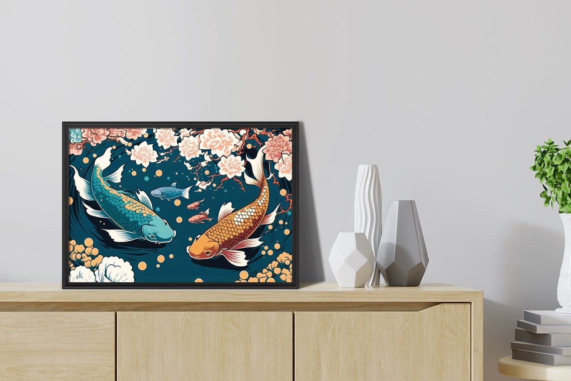Twin Koi Fish Circling Under Cherry Blossom Japanese Art Poster - Image 2