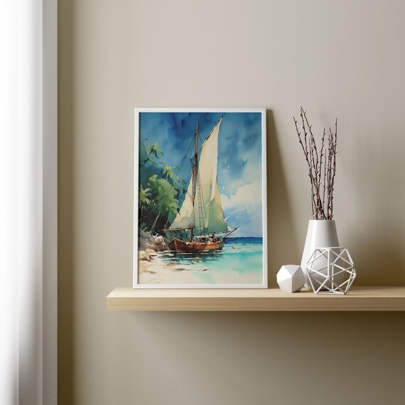 Classic Wooden Sailboat Anchored Tropical Cove Watercolor Poster