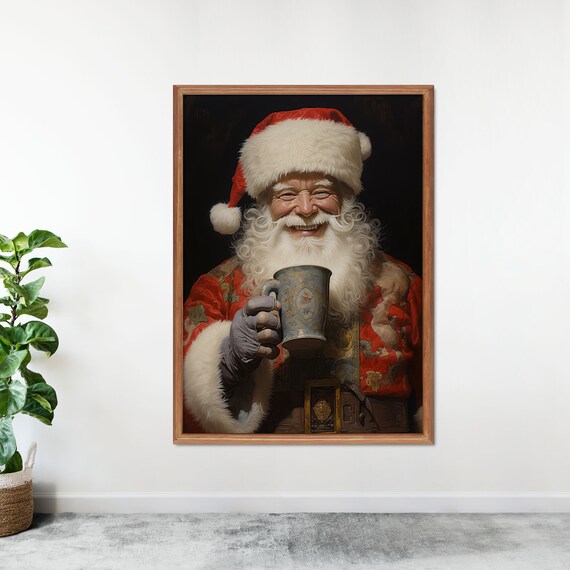 Smiling Santa Claus Raising Antique Tankard Jolly Christmas Toast Wall Art