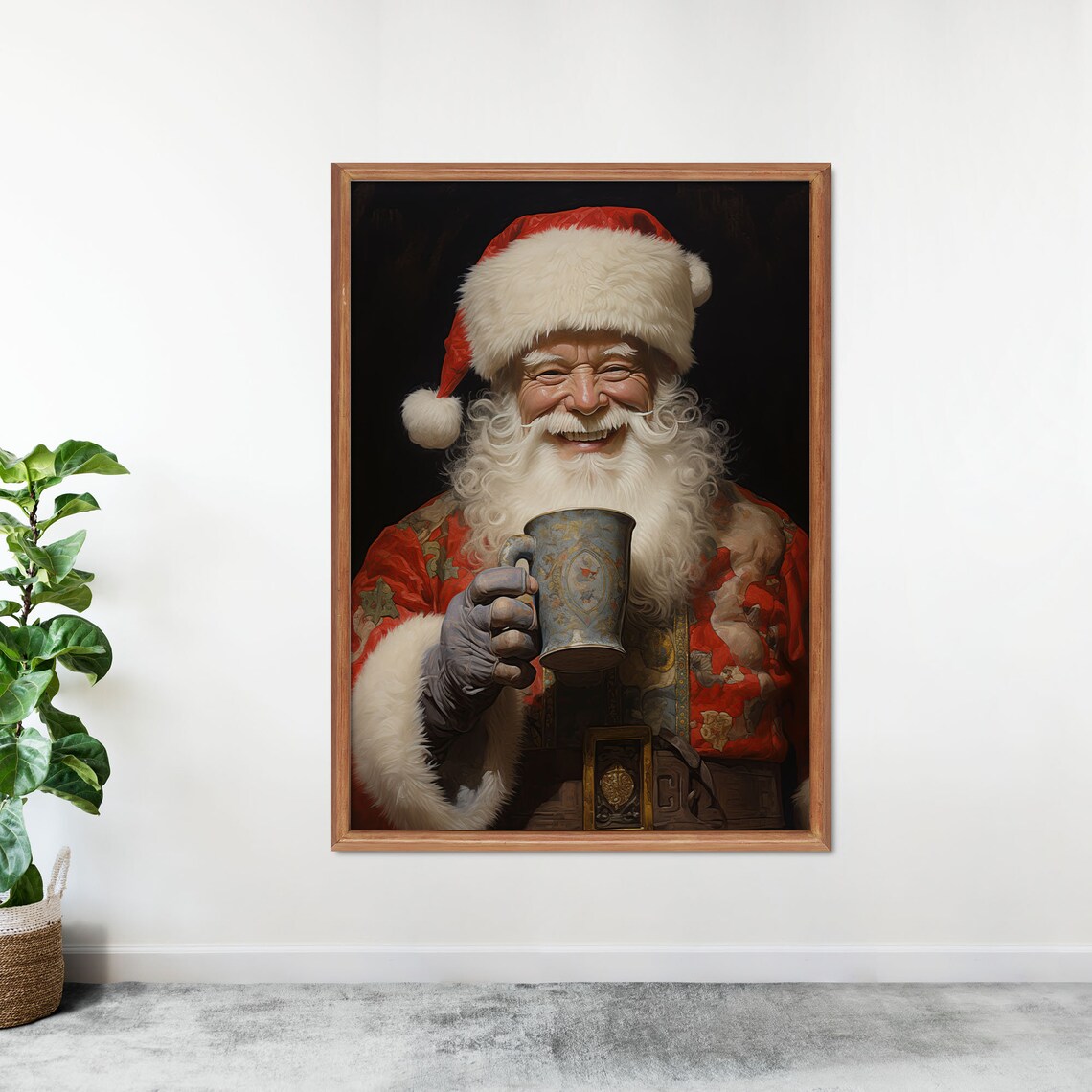 Smiling Santa Claus Raising Antique Tankard Jolly Christmas Toast Wall Art