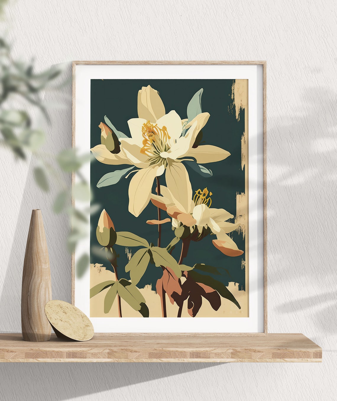 Cream Columbine Flower Botanical Art On Deep Dark Green Poster