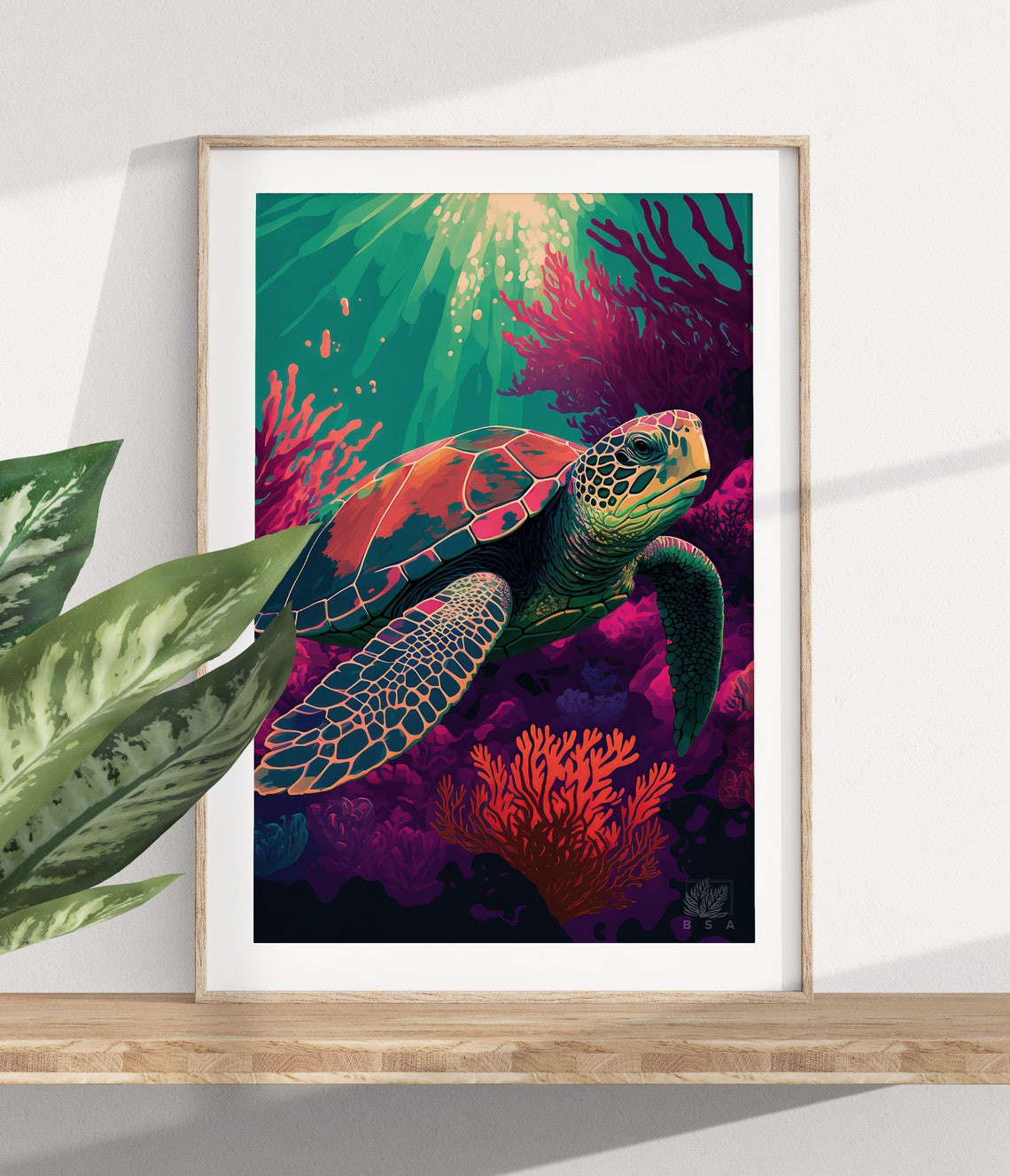 Sea Turtle Gliding Past Sunlit Coral Garden Ocean Scene Poster - Image 2