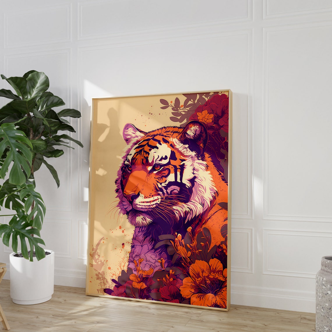 Tiger Portrait Vibrant Florals Modern Jungle Wildlife Poster - Image 2