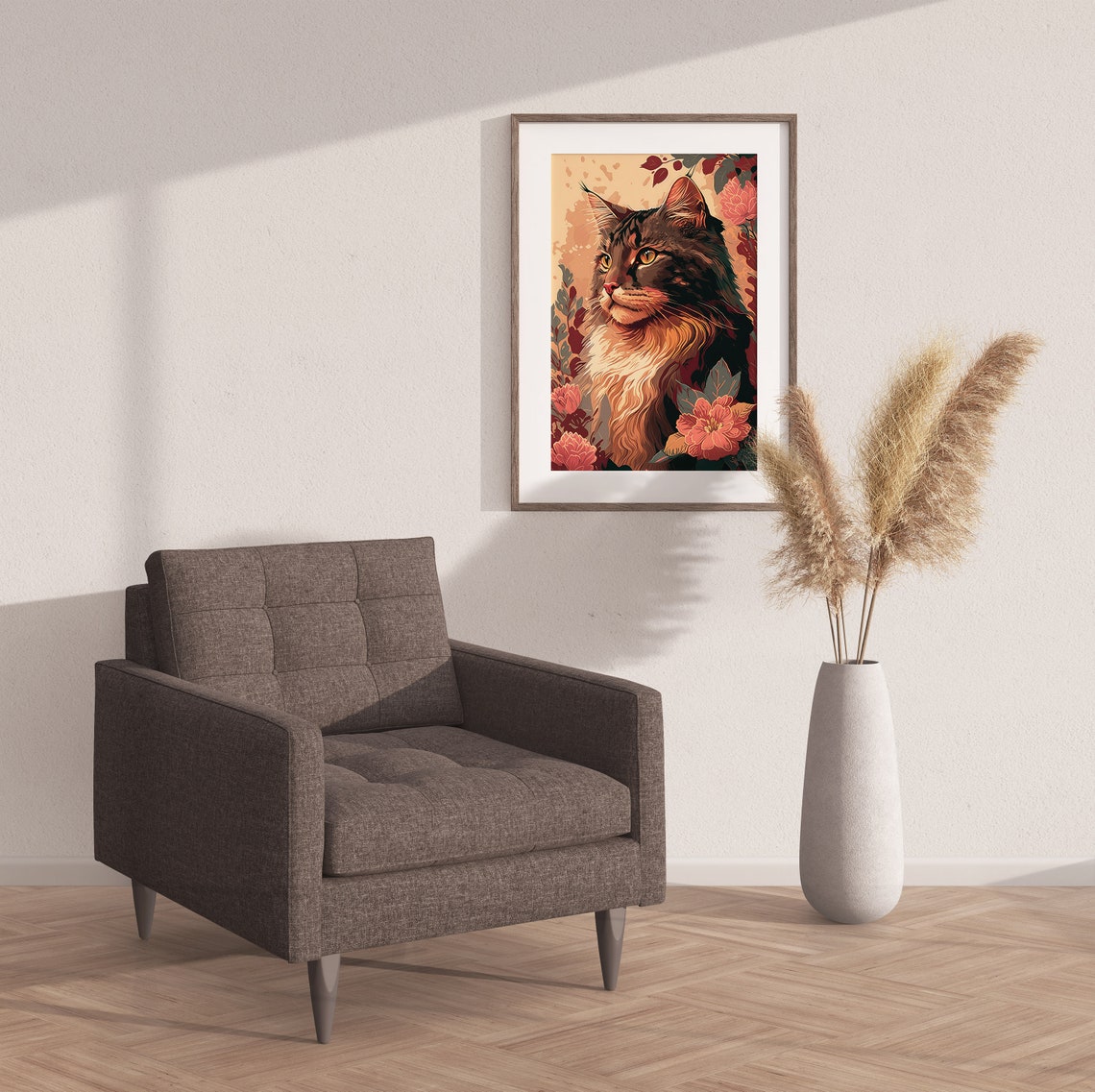 Maine Coon Cat Portrait Amber Eyes Autumn Flower Garden Poster