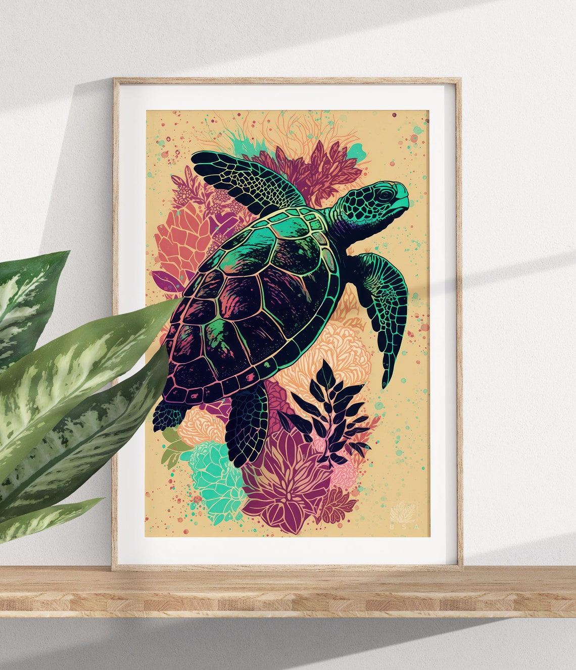 Green Sea Turtle Swimming Over Vibrant Coral Garden Art Poster - Image 2