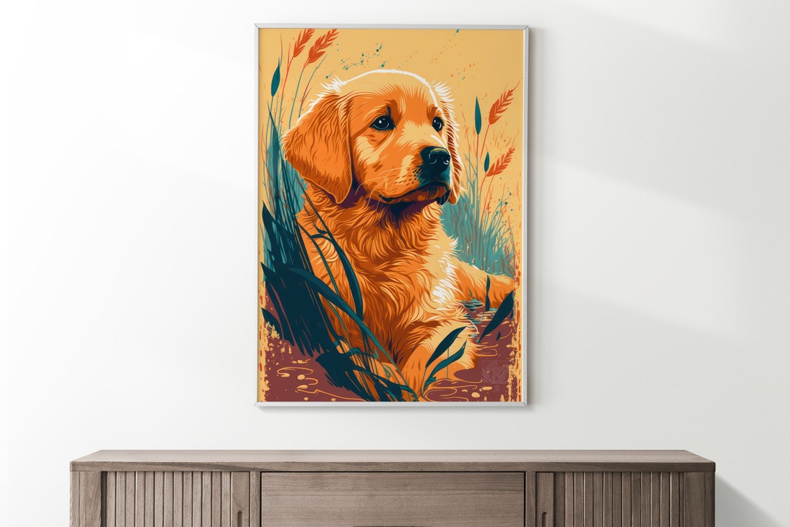 Golden Retriever Puppy Poster Orange Reeds Pop Art Cute Dog Decor - Image 2