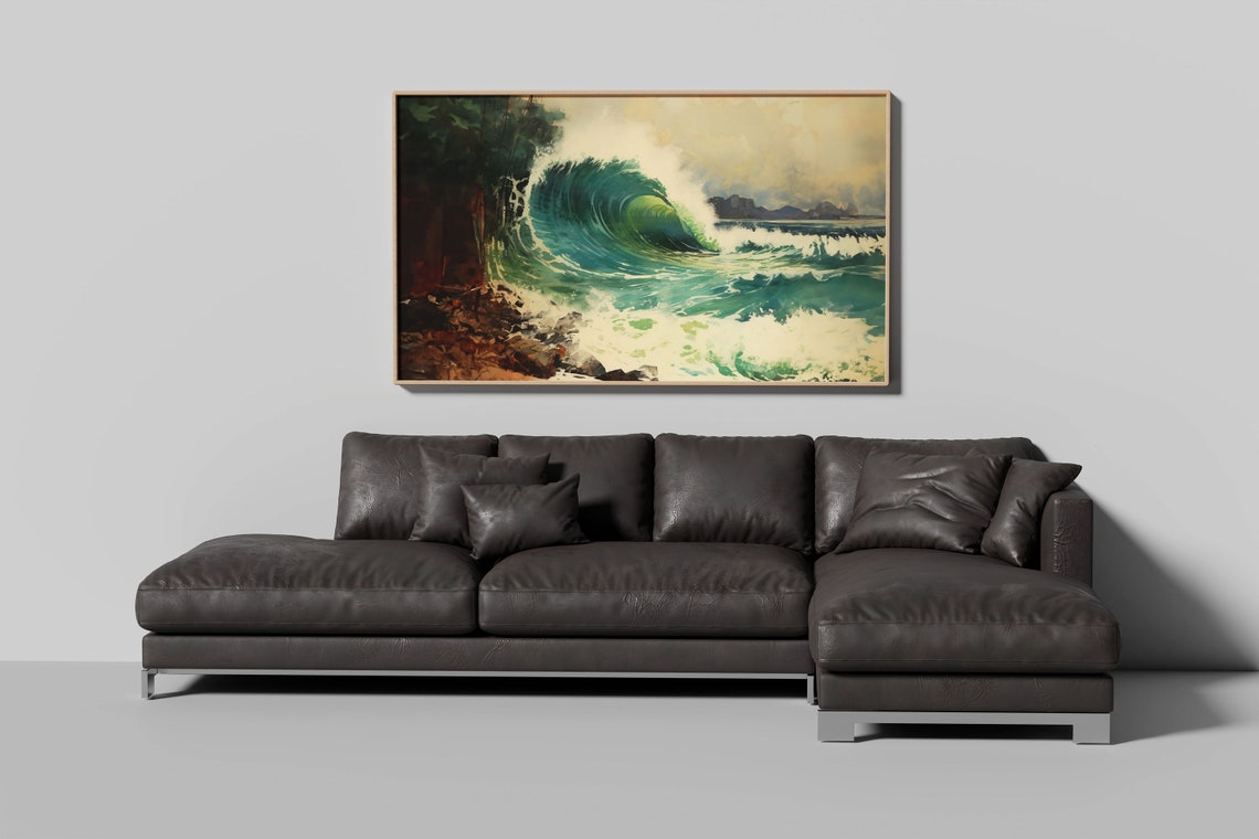 Turquoise Ocean Wave Watercolor Coastal Beach Surf Scene Wall Art - Image 2