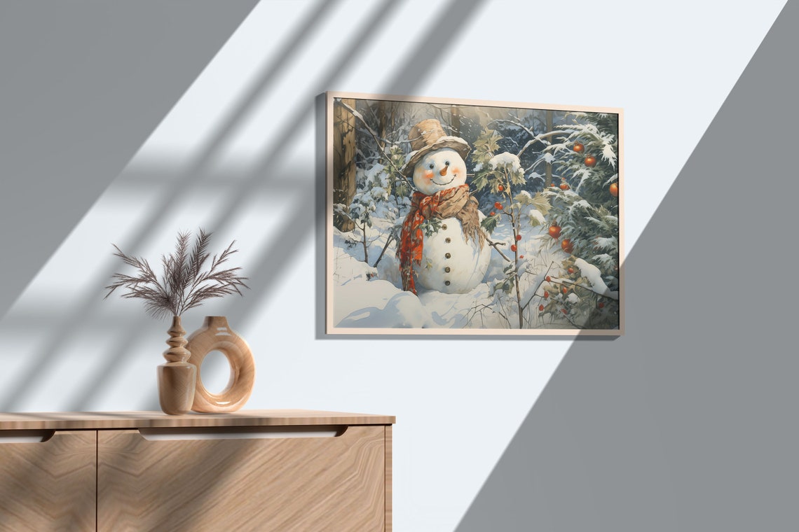 Cheerful Snowman Red Scarf Snowy Berry Forest Winter Scene Poster - Image 3