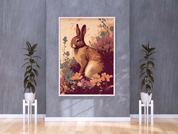 Bunny Wildflower Poster Cute Bunny Print Art Modern Chic Decor Wildlife Flowers Print