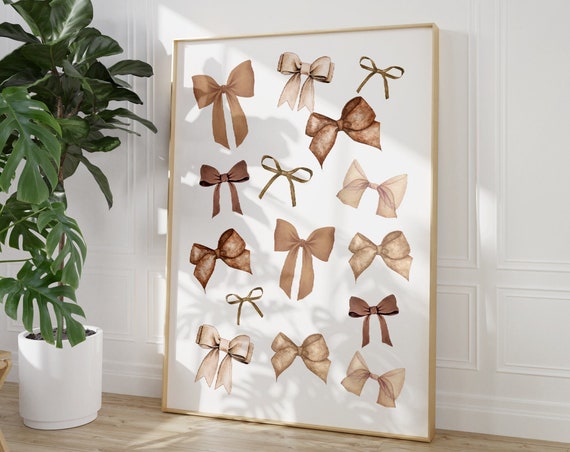 Beige Bow Print Preppy Aesthetic Wall Art Teen Room Decor Preppy Poster Brown Bow Apartment Decor Neutral Nursery Print Pastel Poster