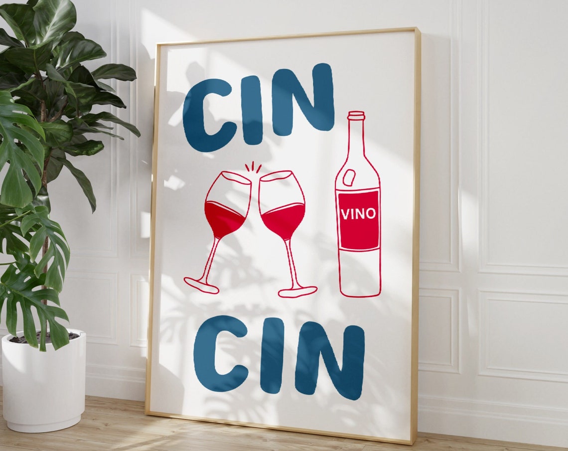 Cin Cin Wine Cheers Retro Kitchen Poster Red Vino Bottle Bar Art - Image 4