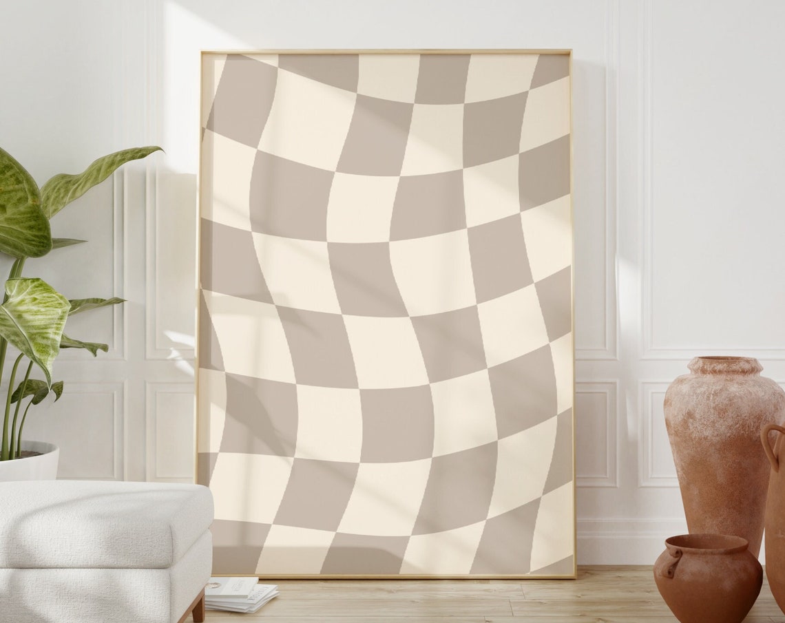 Beige Wavy Checkerboard Poster Neutral Groovy Check Pattern Room Decor