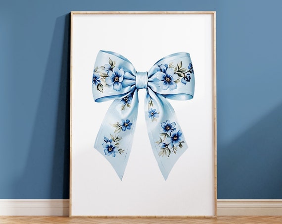 Blue Bow Print Floral Chinoiserie Nursery Print Coquette Room Decor Grandmillenial Wall Art Coastal Grandma Painting Teen Girl Poster