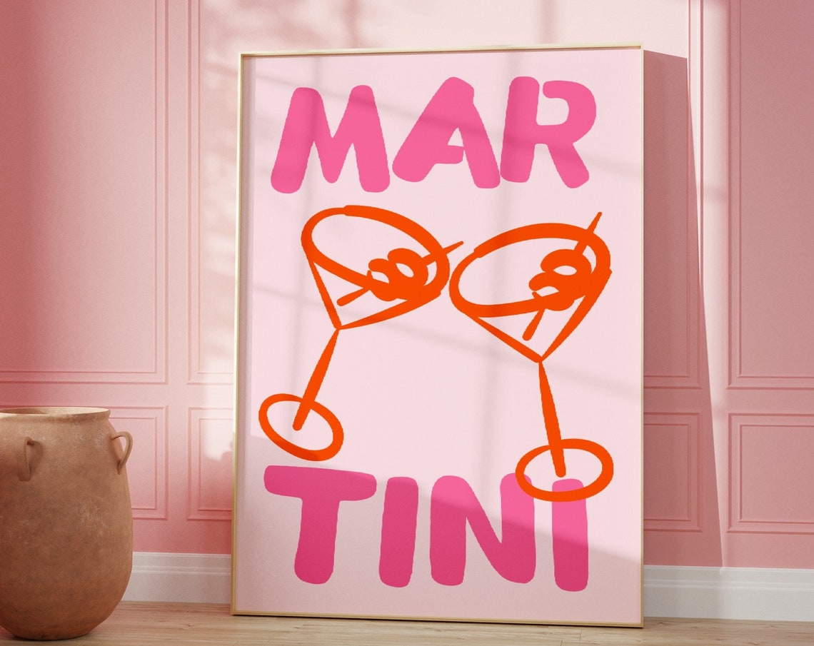 Martini Pink Retro Cocktail Bar Cart Fun Typography Art Poster