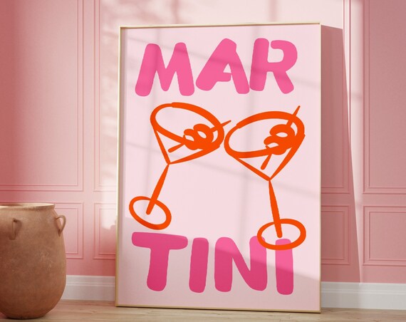 Martini Pink Retro Cocktail Bar Cart Fun Typography Art Poster