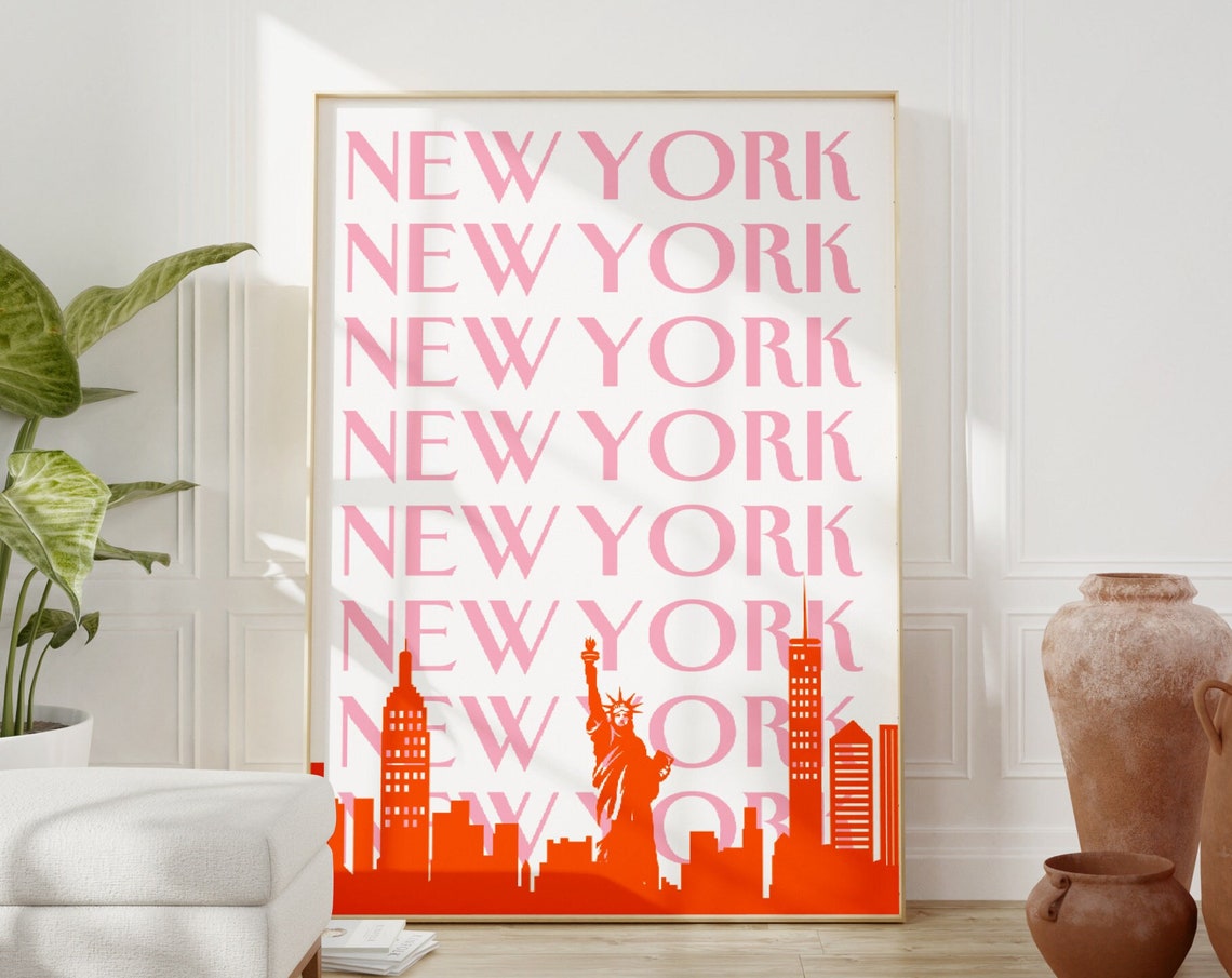 New York City Travel Print Art Pinkorange Ny Print Preppy Wall Print Cityscape Travel Poster Dorm Decor Ny Poster