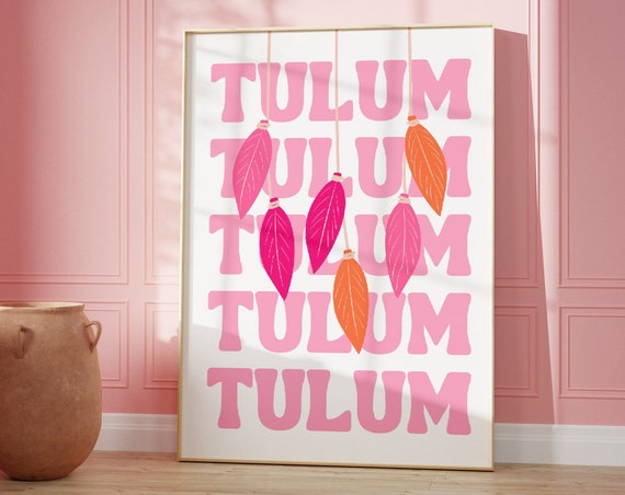 Tulum Mexico Travel Pink Feathers Retro Typography Beach Poster