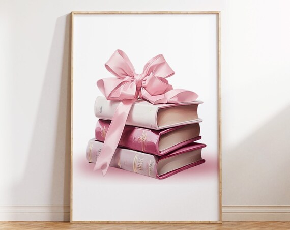 Pink Book Stack with Satin Bow Cute Bookworm Gift Art Poster