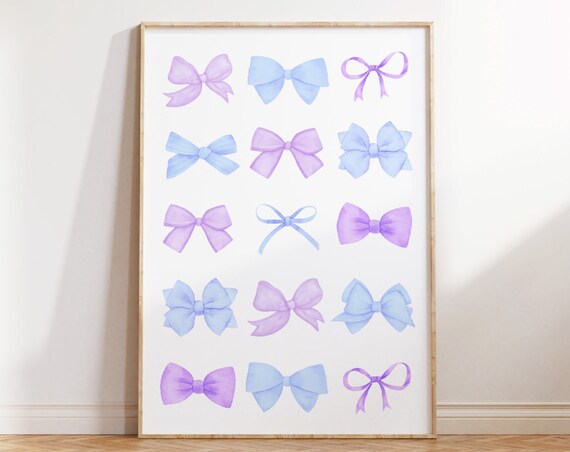 Blue Purple Watercolor Bows Grid Pastel Coquette Poster Art Decor