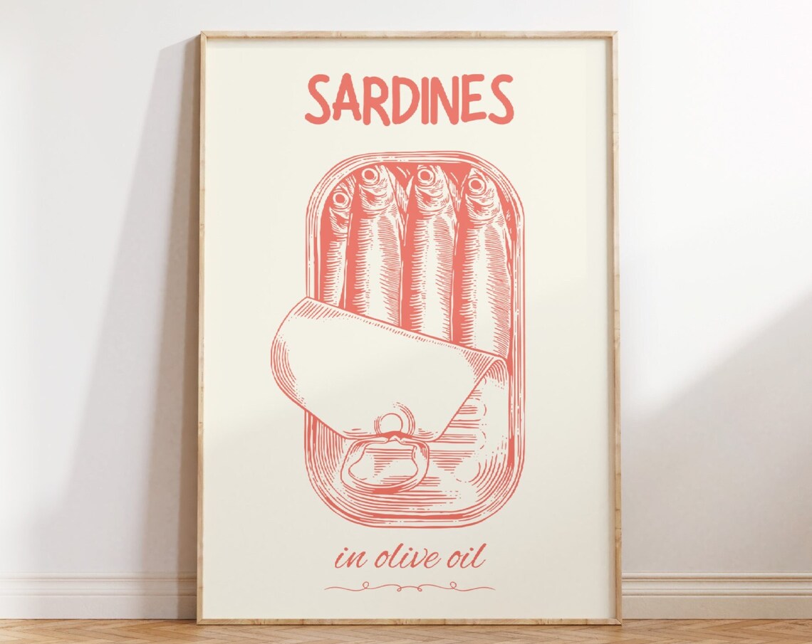 Sardines In Olive Oil Retro Kitchen Coral Food Illustration Poster