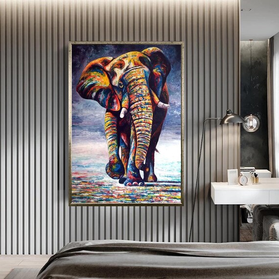Colorful Mosaic Elephant Walking Rainbow Painted Wildlife Wall Art