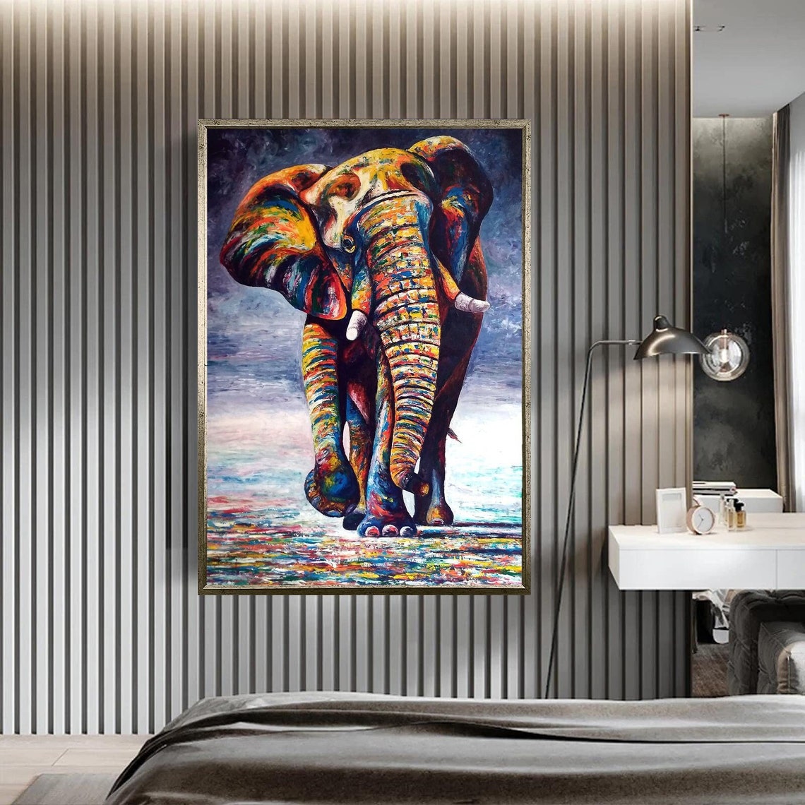 Colorful Mosaic Elephant Walking Rainbow Painted Wildlife Wall Art