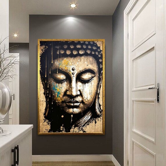 Buddha Face Gold Drip Painting Monochrome Zen Meditation Wall Art